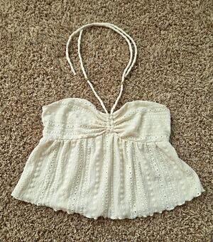 La Pêche White Eyelet Halter Crop Tank Ruffle Tie Neck Top Women's L Regular